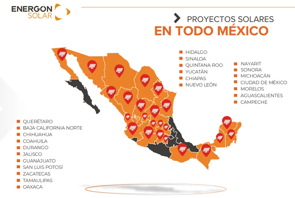 Mapa de México con los 26 estados donde Energon tiene proyectos